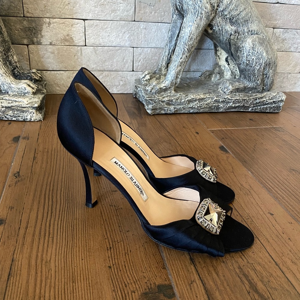 Manolo Blahnik Black Peep Toe Satin Sandals
